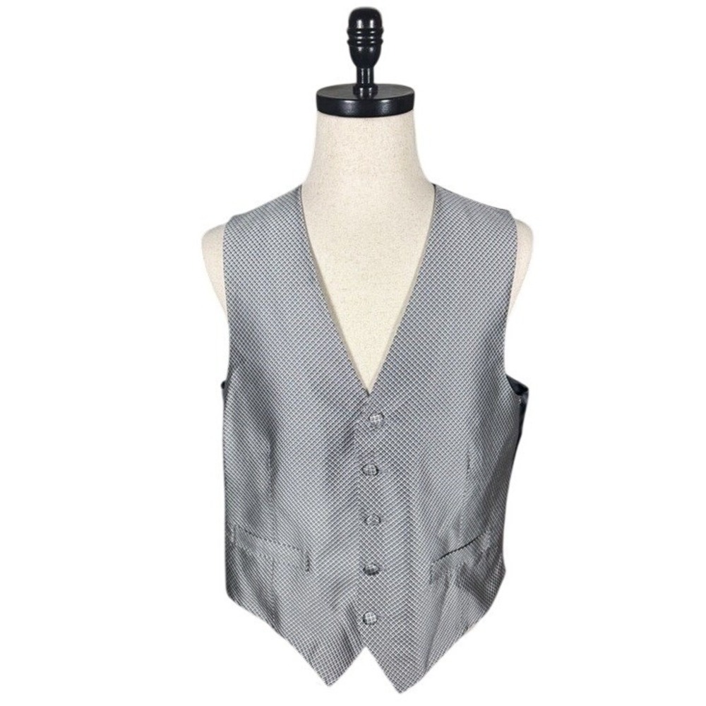 Joseph Abboud Black Tie Mens Silver Silk Geometric Grid Formal Vest Medium